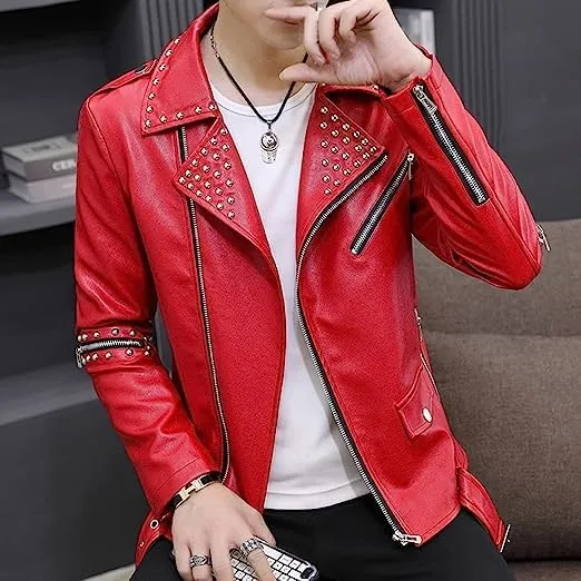 Men's Black Asymmetric Biker Genuine Sheepskin Caf Racer Studded Casual Slim Fit Retro Moto Sporty Leather Jacket
