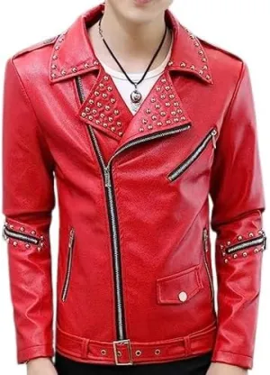 Men's Black Asymmetric Biker Genuine Sheepskin Caf Racer Studded Casual Slim Fit Retro Moto Sporty Leather Jacket