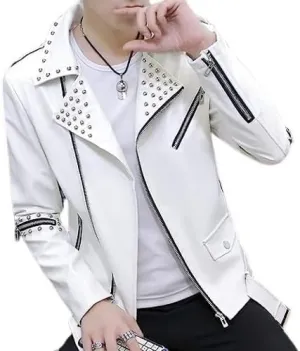 Men's Black Asymmetric Biker Genuine Sheepskin Caf Racer Studded Casual Slim Fit Retro Moto Sporty Leather Jacket