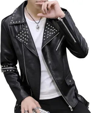 Men's Black Asymmetric Biker Genuine Sheepskin Caf Racer Studded Casual Slim Fit Retro Moto Sporty Leather Jacket