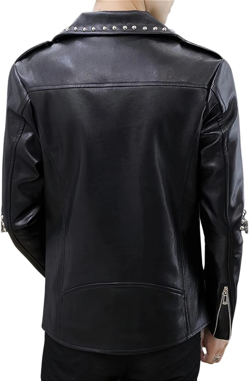 Men's Black Asymmetric Biker Genuine Sheepskin Caf Racer Studded Casual Slim Fit Retro Moto Sporty Leather Jacket