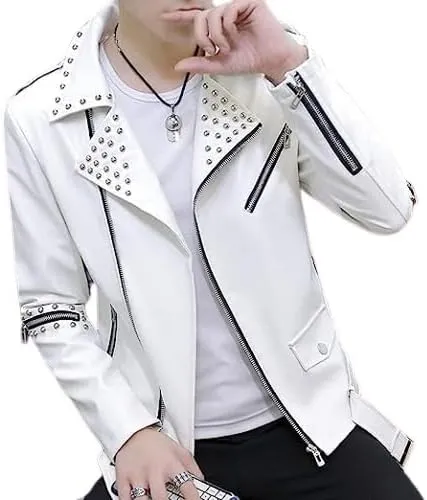 Men's Black Asymmetric Biker Genuine Sheepskin Caf Racer Studded Casual Slim Fit Retro Moto Sporty Leather Jacket