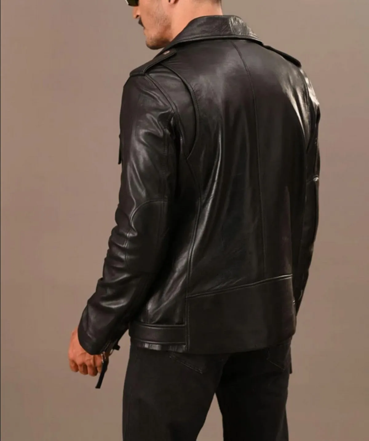 Men's Black Asymmetric Lapel Collar Stylish Genuine Sheepskin Leather Moto Biker Jacket Belted Zip Up Motorbike Coat