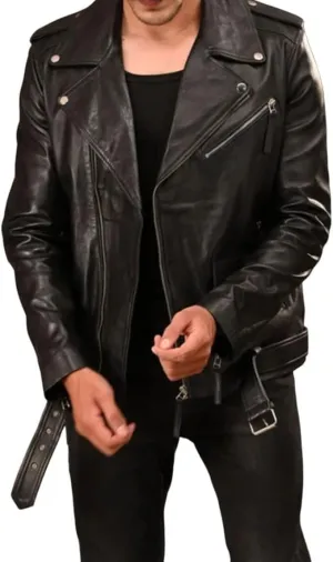 Men's Black Asymmetric Lapel Collar Stylish Genuine Sheepskin Leather Moto Biker Jacket Belted Zip Up Motorbike Coat