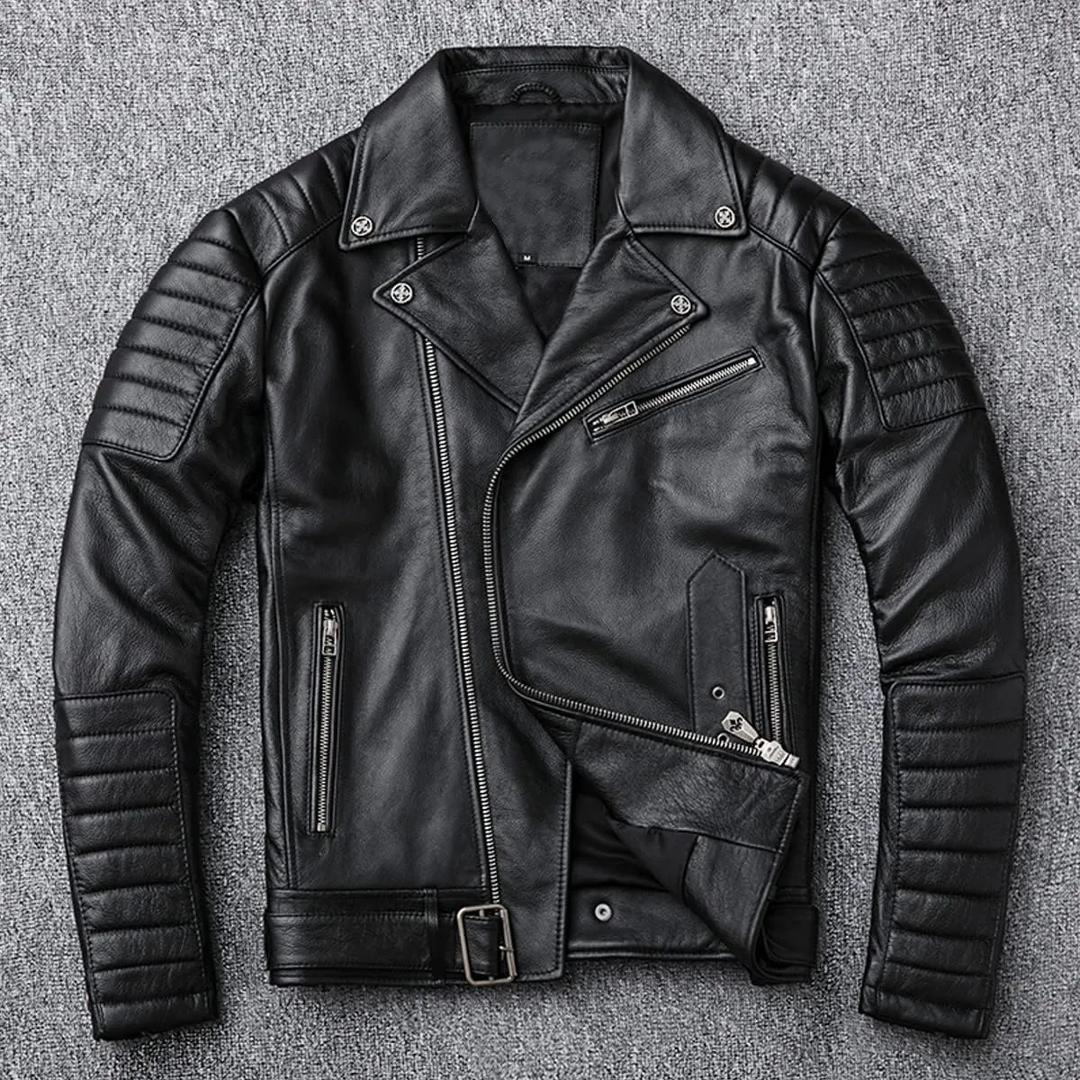 Mens Black Biker Brando Genuine Sheepskin Cafe Racer Lapel Collar Retro Casual Classic Moto Slim Fit Real Leather Jacket