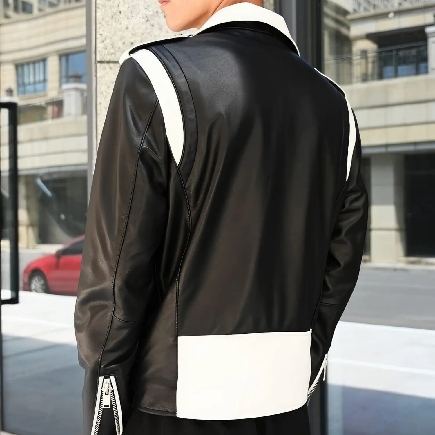 Mens Black Biker Genuine Sheepskin White Lapel Collar Crossover Asymmetric Zip-Up Moto Biker Sporty Racer Leather Jacket