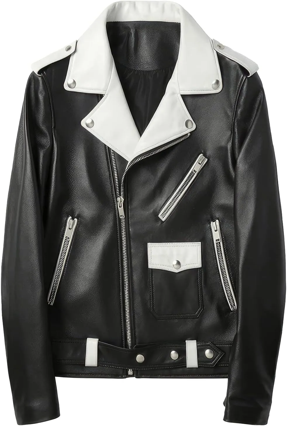 Mens Black Biker Genuine Sheepskin White Lapel Collar Crossover Asymmetric Zip-Up Moto Biker Sporty Racer Leather Jacket