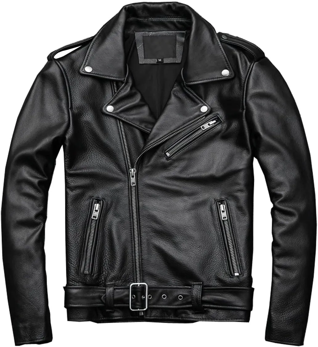 Mens Black Brando Biker Genuine Cowhide Smooth Lapel Collar Asymmetric Slim Fit Moto Rider Lightweight Leather Jacket