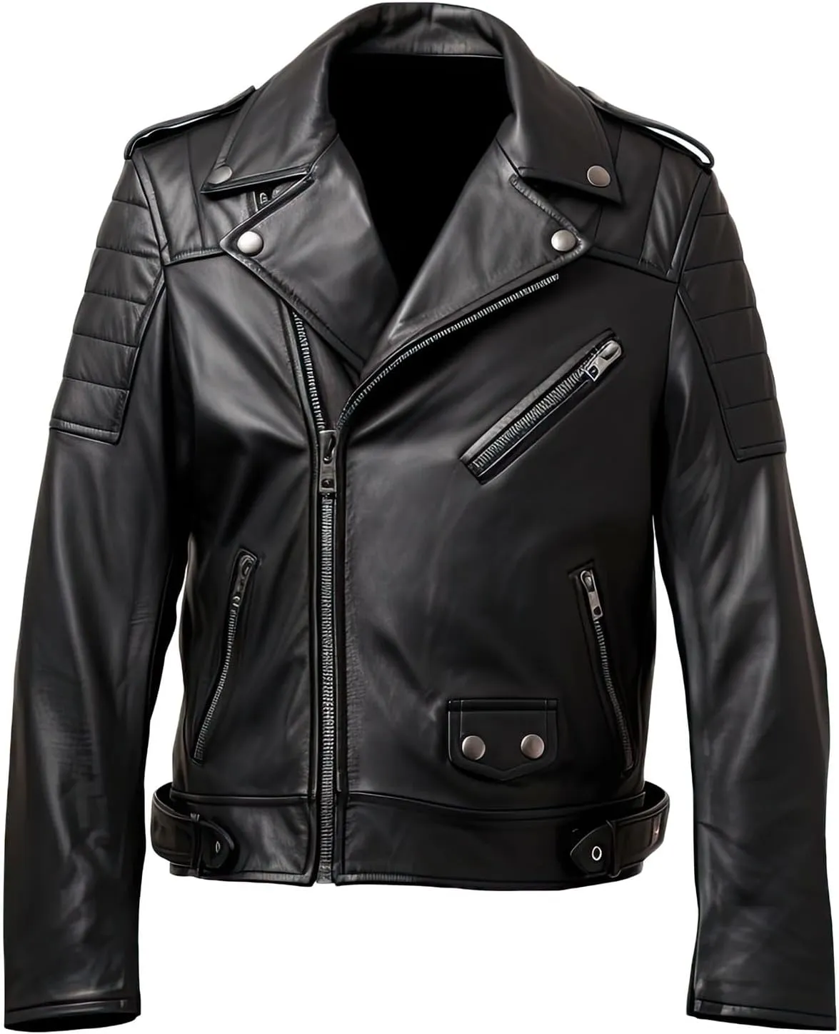 Men's Black Genuine Sheepskin Leather Jacket with Notch Lapel Collar, Biker Style, Moto Racer, Smooth & Lightweight.