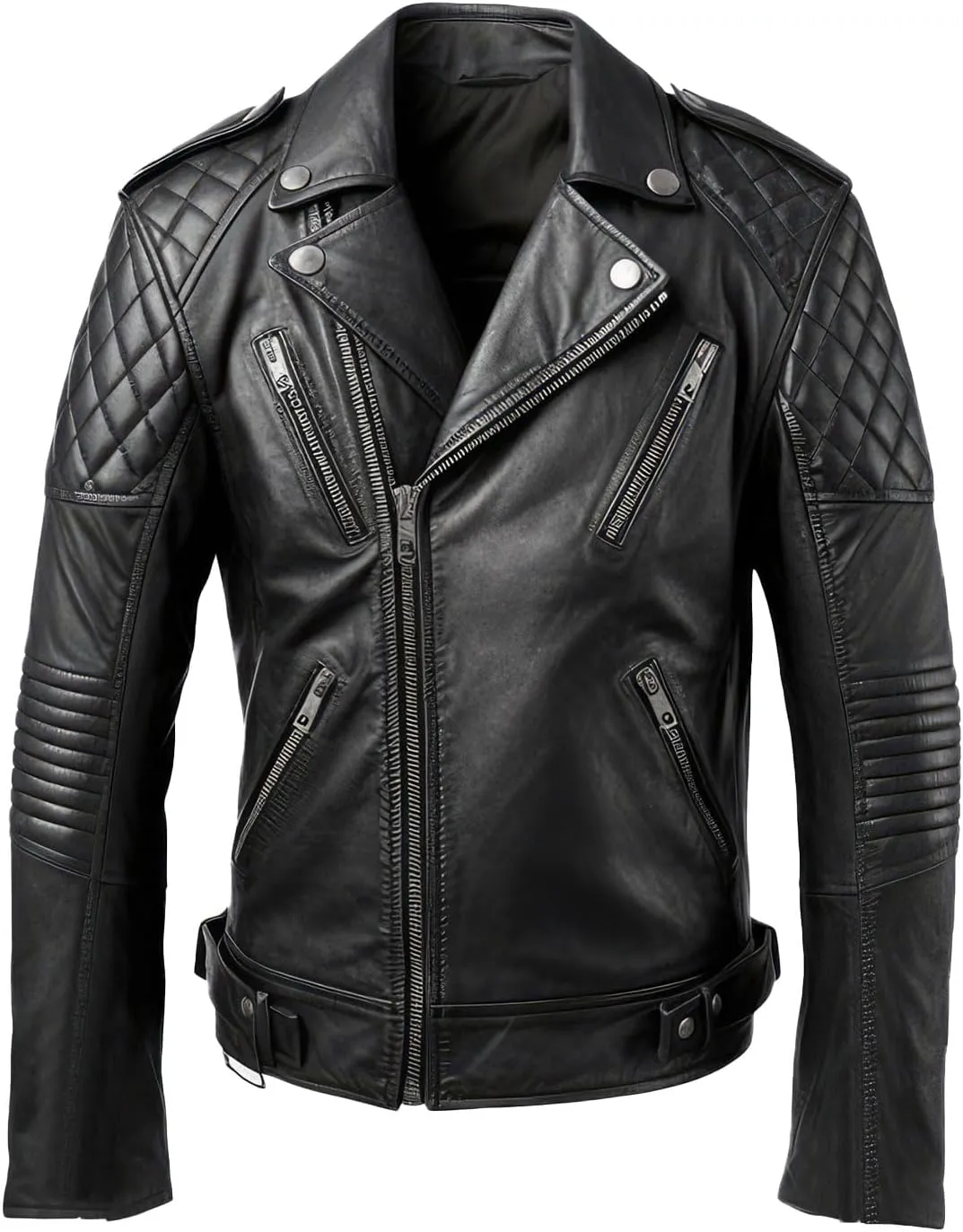 Men's Black Genuine Sheepskin Notched Lapel Collar Asymmetric Multi-zipper Diamond Quilted Biker Moto Leather Jacket