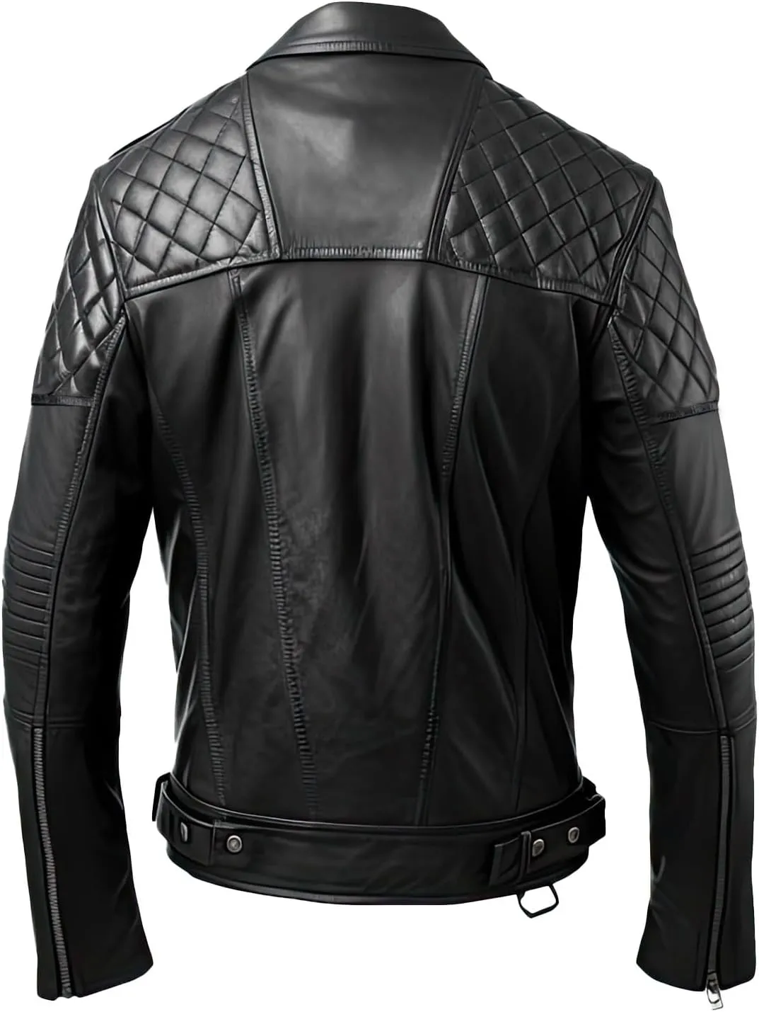 Men's Black Genuine Sheepskin Notched Lapel Collar Asymmetric Multi-zipper Diamond Quilted Biker Moto Leather Jacket