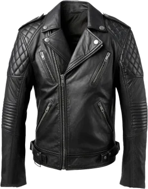 Men's Black Genuine Sheepskin Notched Lapel Collar Asymmetric Multi-zipper Diamond Quilted Biker Moto Leather Jacket