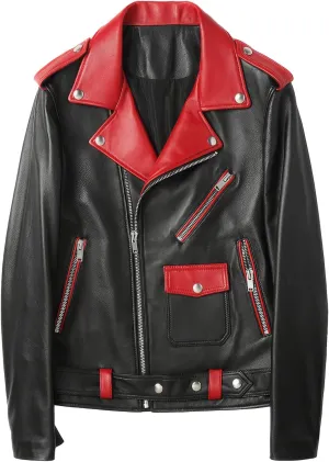 Men's Black Moto Biker Genuine Sheepskin Trendy Crossover Asymmetric Zip-Up Red Lapel Collar Belted Slim Fit Leather Jacket