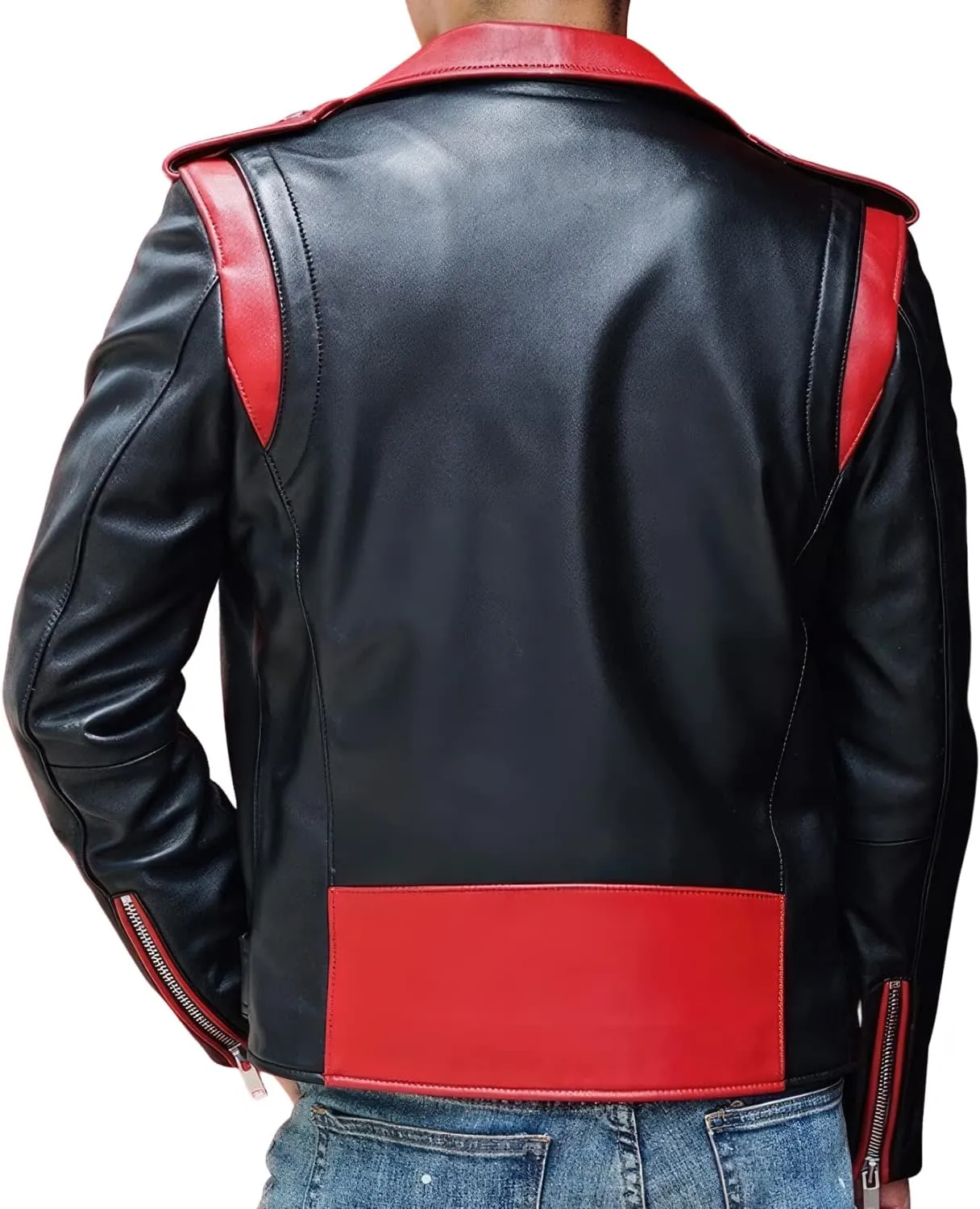 Men's Black Moto Biker Genuine Sheepskin Trendy Crossover Asymmetric Zip-Up Red Lapel Collar Belted Slim Fit Leather Jacket