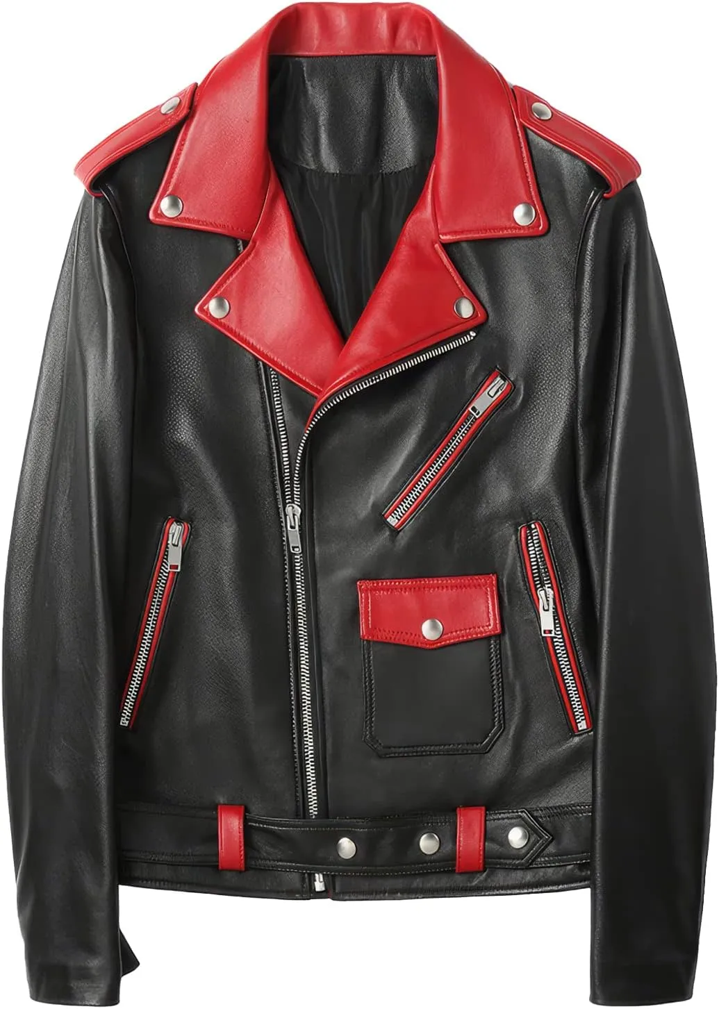 Men's Black Moto Biker Genuine Sheepskin Trendy Crossover Asymmetric Zip-Up Red Lapel Collar Belted Slim Fit Leather Jacket