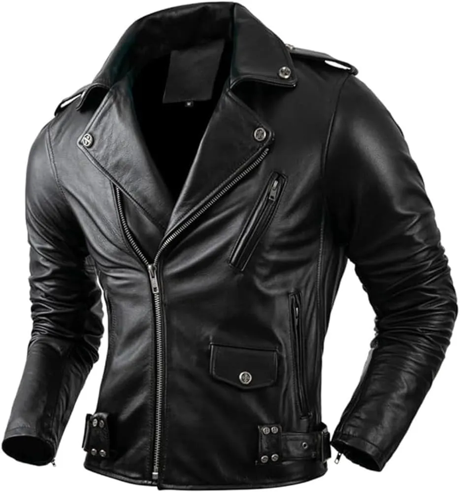 Men's Brando Biker Black Genuine Cowhide Leather Jacket Asymmetric Moto Outfit Cafe Racer Zipper Casual Motorbike Coat