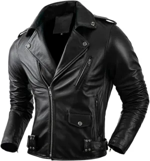 Men's Brando Biker Black Genuine Cowhide Leather Jacket Asymmetric Moto Outfit Cafe Racer Zipper Casual Motorbike Coat