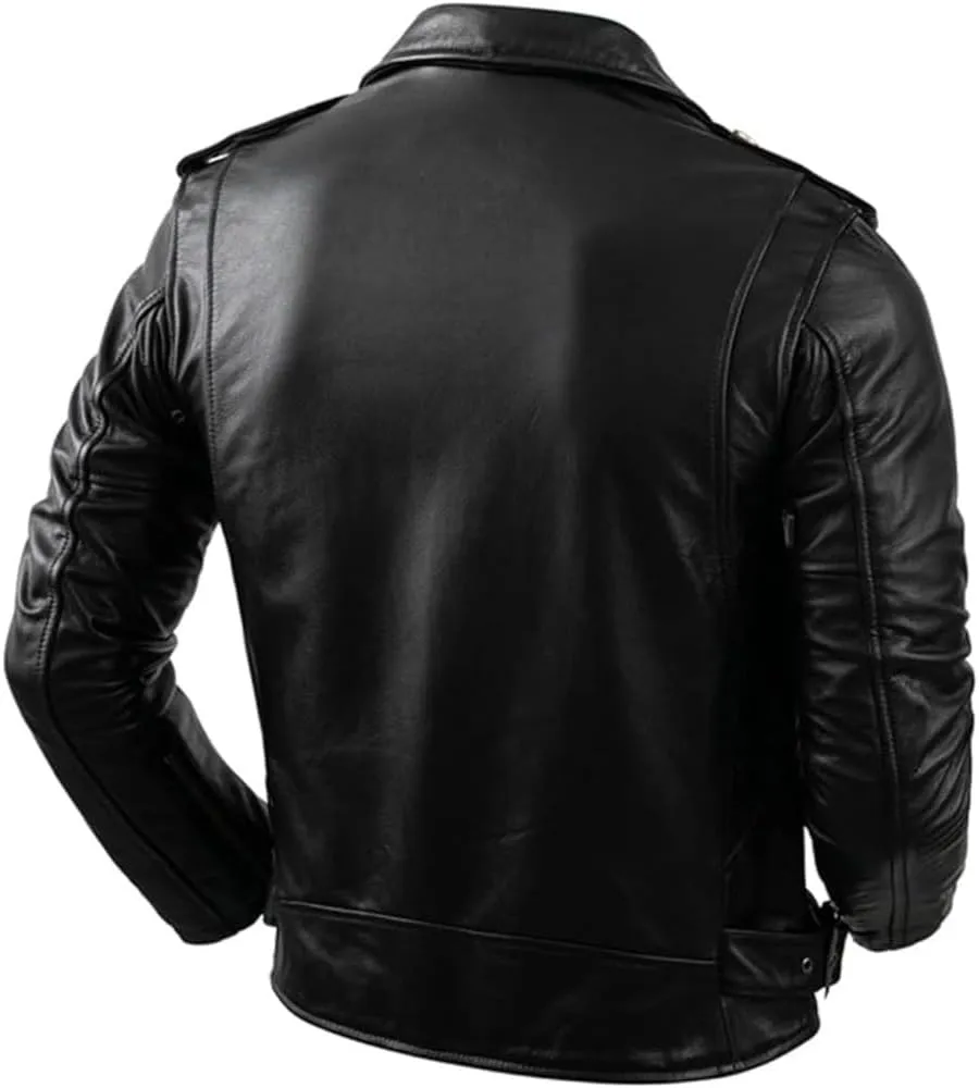 Men's Brando Biker Black Genuine Cowhide Leather Jacket Asymmetric Moto Outfit Cafe Racer Zipper Casual Motorbike Coat
