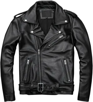 Mens Brando Biker Jacket Black Genuine Cowhide Smooth Lapel Collar Asymmetric Slim Fit Moto Rider Lightweight Leather Jacket
