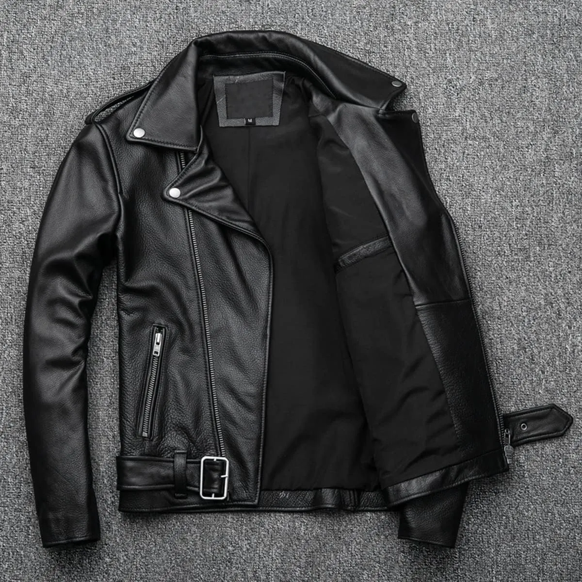 Mens Brando Biker Jacket Black Genuine Cowhide Smooth Lapel Collar Asymmetric Slim Fit Moto Rider Lightweight Leather Jacket