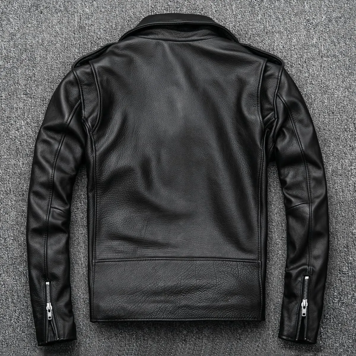 Mens Brando Biker Jacket Black Genuine Cowhide Smooth Lapel Collar Asymmetric Slim Fit Moto Rider Lightweight Leather Jacket