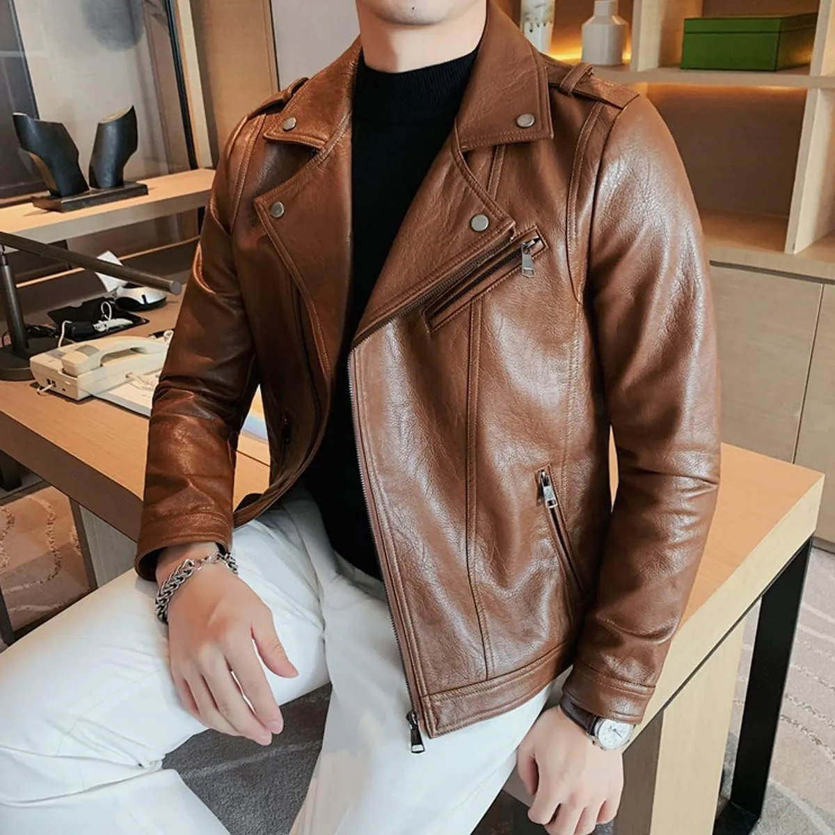 Mens Brown Moto Biker Genuine Sheepskin Lapel Collar Asymmetric Rider Motorcycle Fashion Leather Jacket