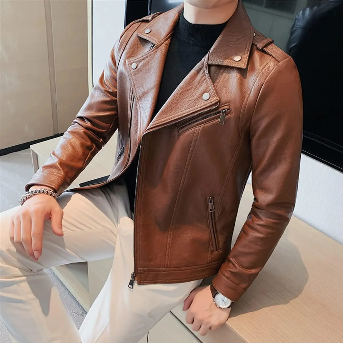 Mens Brown Moto Biker Genuine Sheepskin Lapel Collar Asymmetric Rider Motorcycle Fashion Leather Jacket