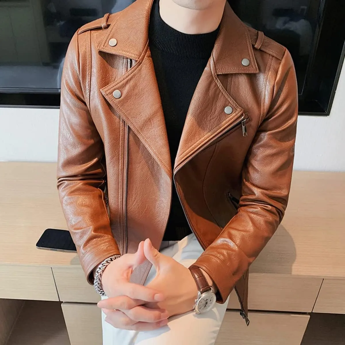 Mens Brown Moto Biker Genuine Sheepskin Lapel Collar Asymmetric Rider Motorcycle Fashion Leather Jacket