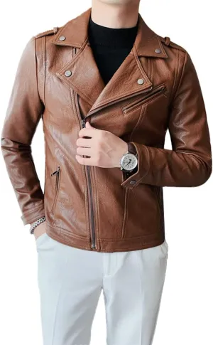 Mens Brown Moto Biker Genuine Sheepskin Lapel Collar Asymmetric Rider Motorcycle Fashion Leather Jacket