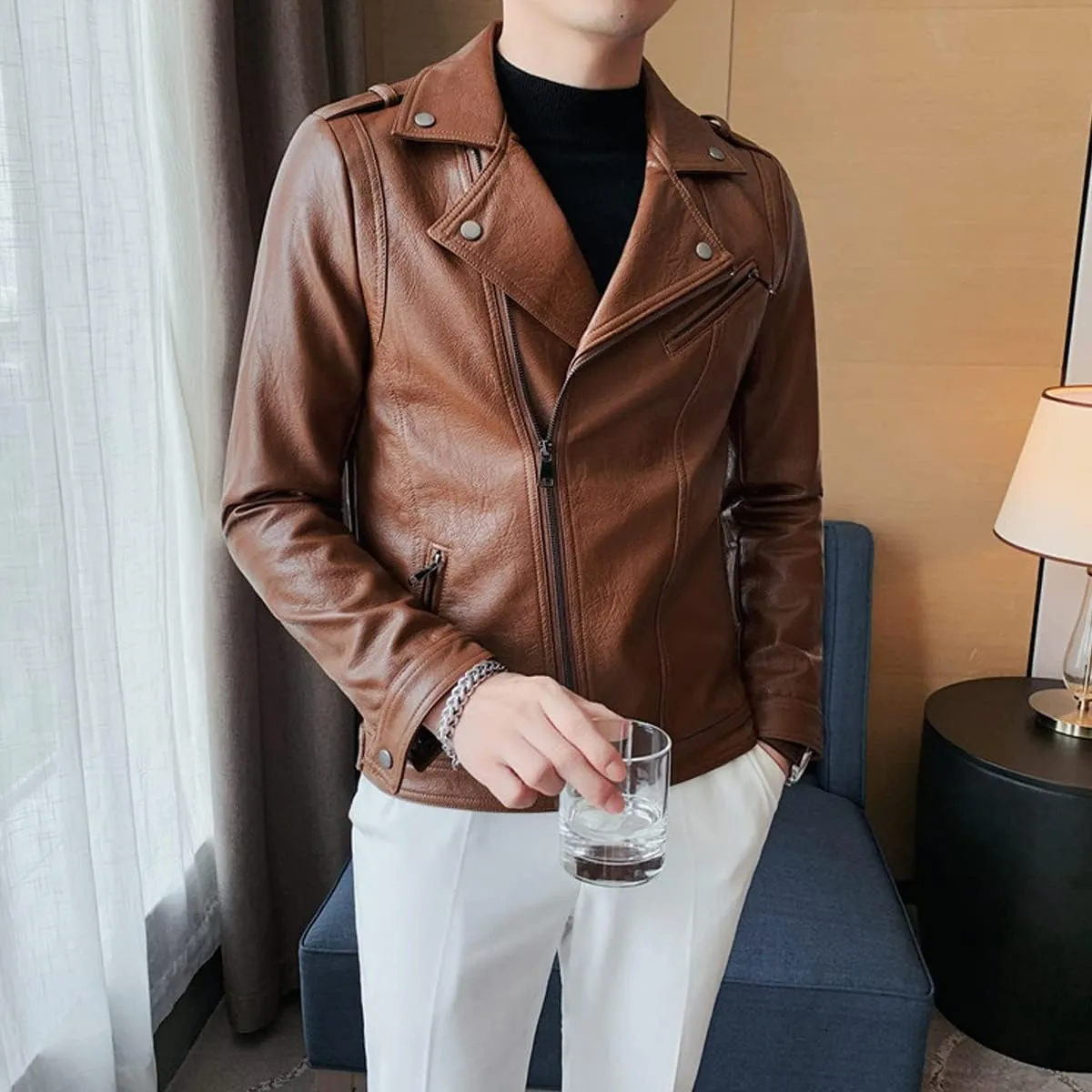 Mens Brown Moto Biker Genuine Sheepskin Lapel Collar Asymmetric Rider Motorcycle Fashion Leather Jacket