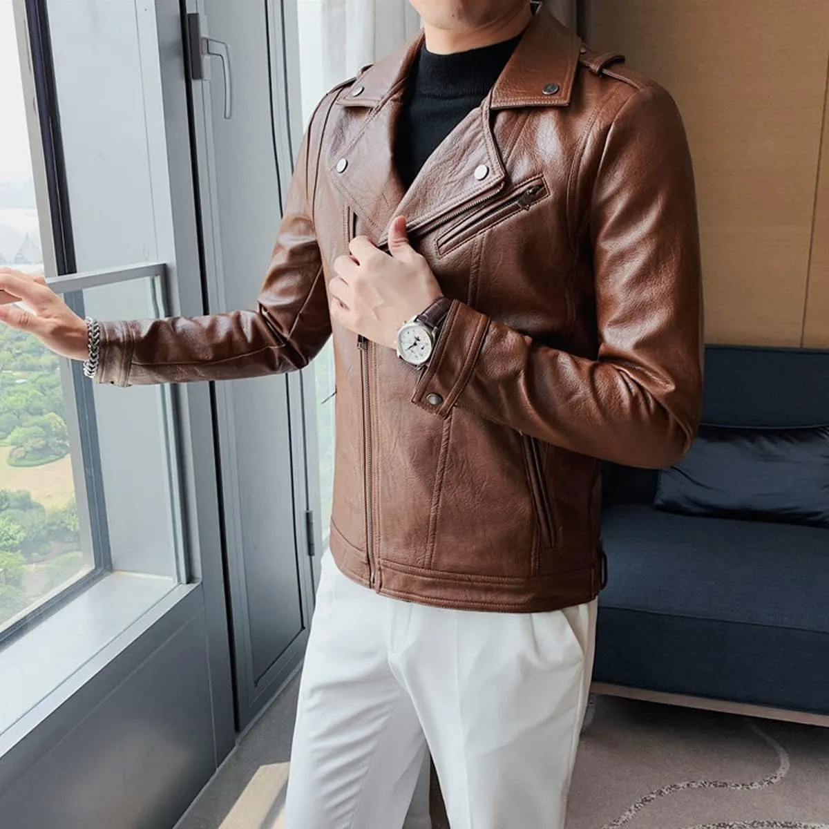 Mens Brown Moto Biker Genuine Sheepskin Lapel Collar Asymmetric Rider Motorcycle Fashion Leather Jacket