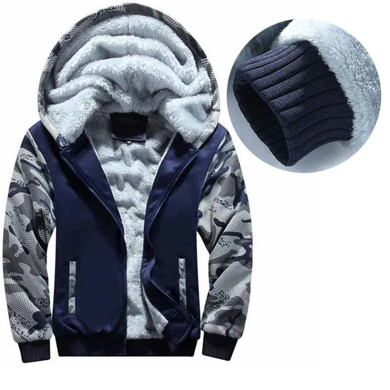 Men's Camouflage Tracksuit Zip Coat Winter Thick Fleece Hooded Jacket Pants Sweat Suit