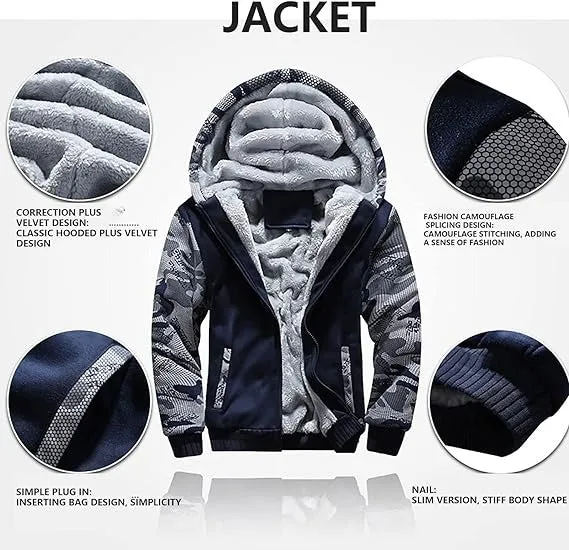 Men's Camouflage Tracksuit Zip Coat Winter Thick Fleece Hooded Jacket Pants Sweat Suit