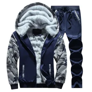 Men's Camouflage Tracksuit Zip Coat Winter Thick Fleece Hooded Jacket Pants Sweat Suit