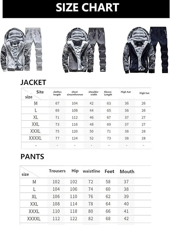 Men's Camouflage Tracksuit Zip Coat Winter Thick Fleece Hooded Jacket Pants Sweat Suit