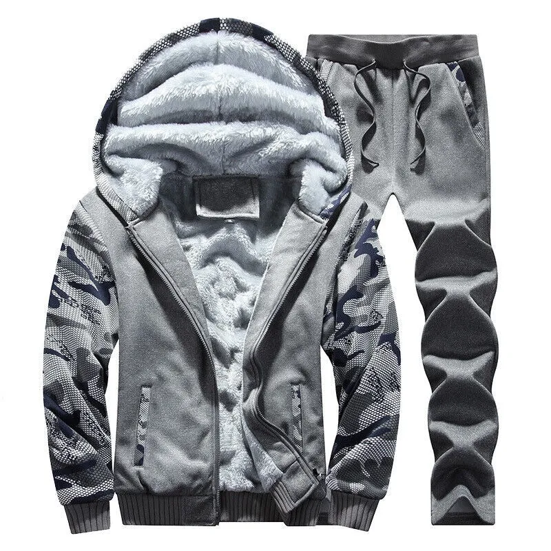 Men's Camouflage Tracksuit Zip Coat Winter Thick Fleece Hooded Jacket Pants Sweat Suit