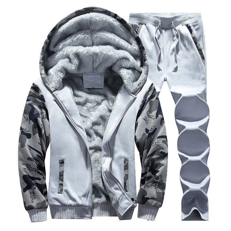 Men's Camouflage Tracksuit Zip Coat Winter Thick Fleece Hooded Jacket Pants Sweat Suit