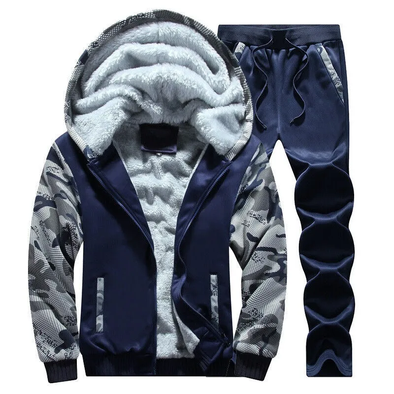 Men's Camouflage Tracksuit Zip Coat Winter Thick Fleece Hooded Jacket Pants Sweat Suit