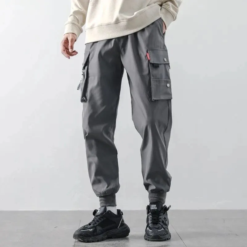 Men's Cargo Pants Casual Hip Hop Hit Color Multiple Pockets Trousers Streetwear Ribbons Techwear Sweatpants