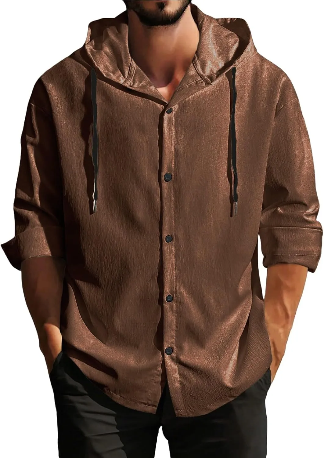 Men's Cotton Linen Shirts with Hood Long Sleeve Lace Up Button Down Shirt Quick Dry Boho Summer Beach Hipster Hoodies