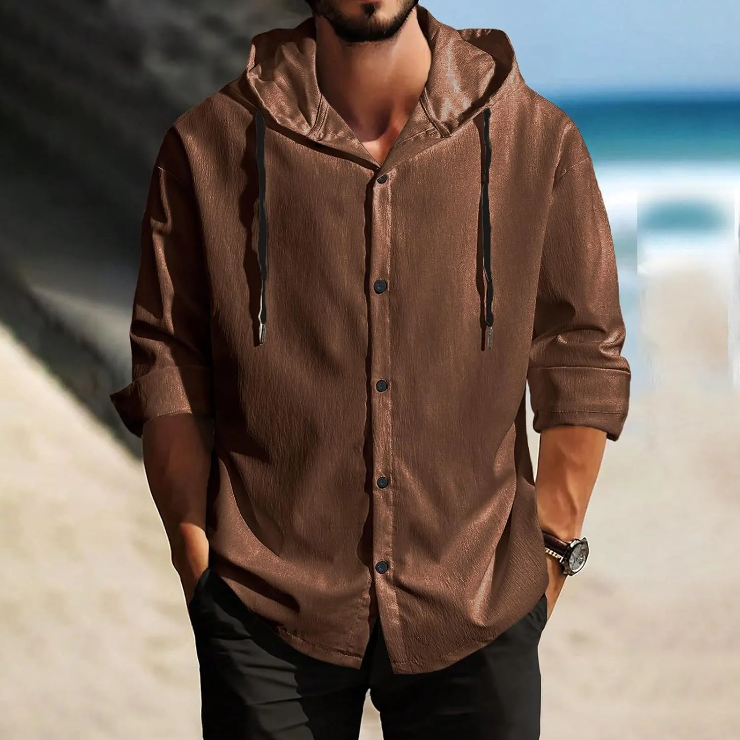 Men's Cotton Linen Shirts with Hood Long Sleeve Lace Up Button Down Shirt Quick Dry Boho Summer Beach Hipster Hoodies