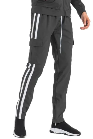 Mens Dark Grey Two Stripe Cargo Pocket Track Pants