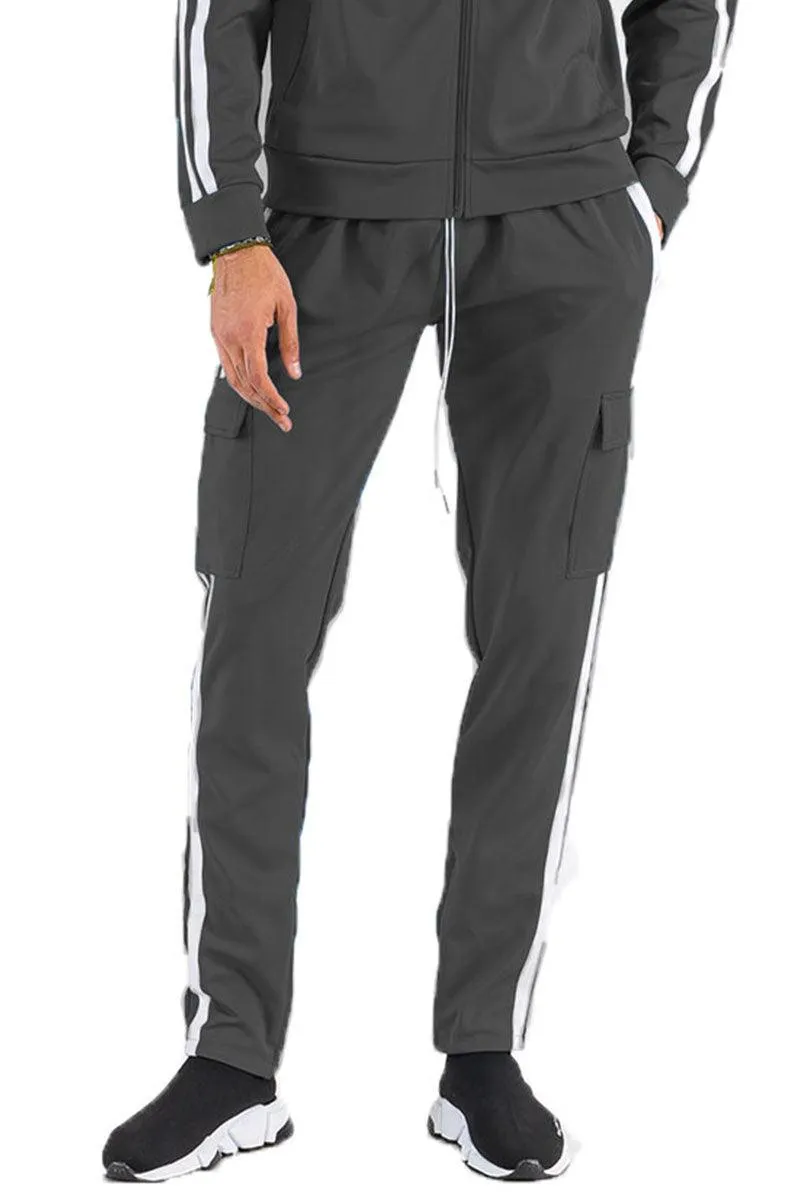 Mens Dark Grey Two Stripe Cargo Pocket Track Pants