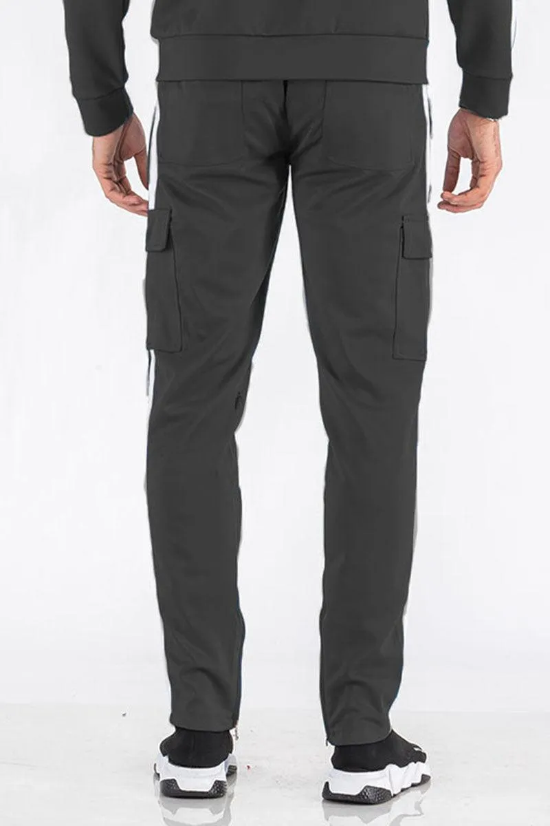 Mens Dark Grey Two Stripe Cargo Pocket Track Pants