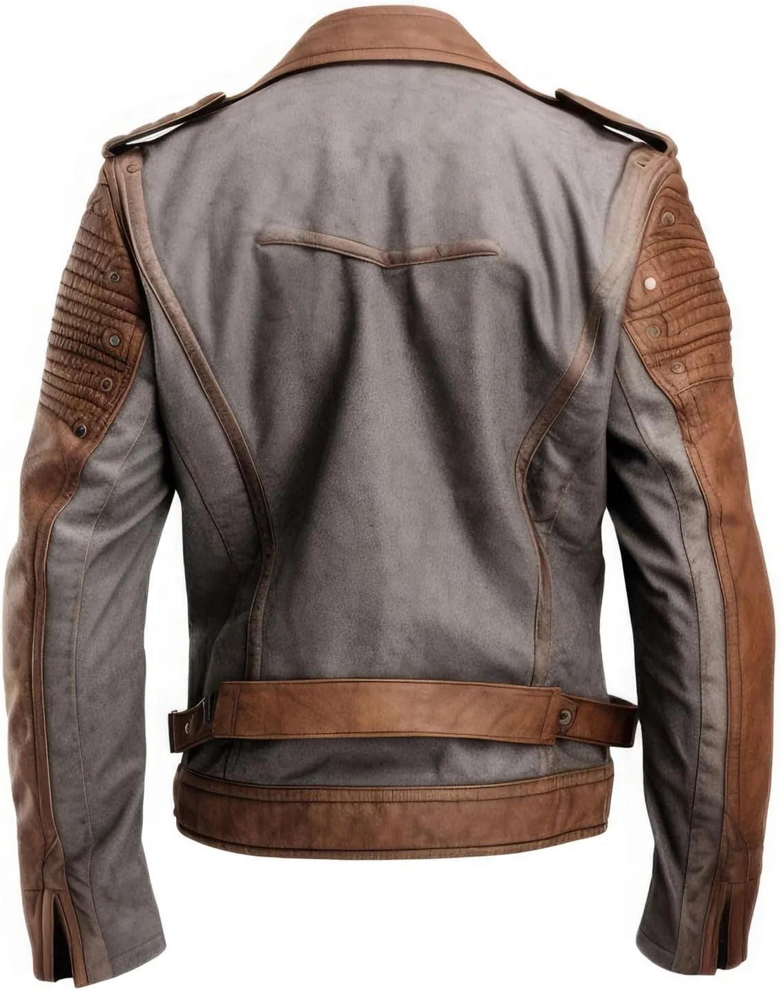Mens Distressed Grey Brown Genuine Sheepskin Notched Lapel Collar Asymmetric Biker Moto Racer Leather Jacket