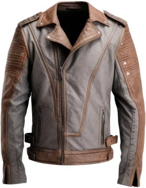 Mens Distressed Grey Brown Genuine Sheepskin Notched Lapel Collar Asymmetric Biker Moto Racer Leather Jacket