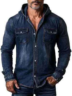 Men's Double Pocket Vintage Hooded Denim Long Sleeve Shirt