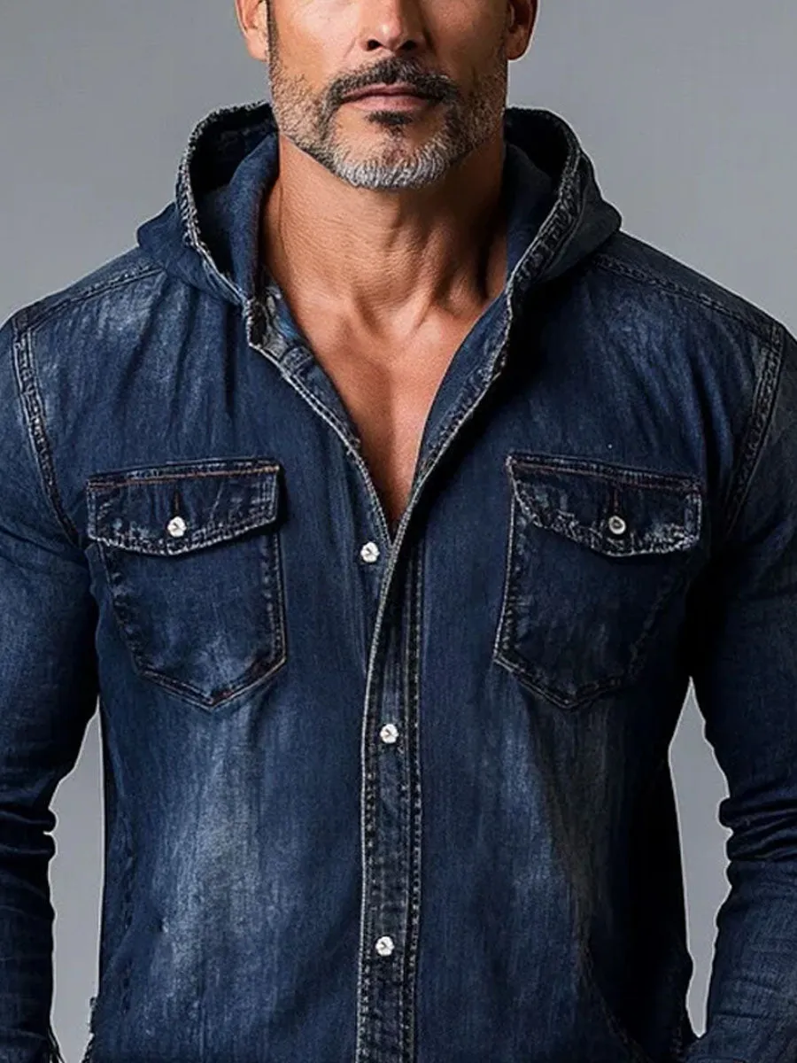 Men's Double Pocket Vintage Hooded Denim Long Sleeve Shirt