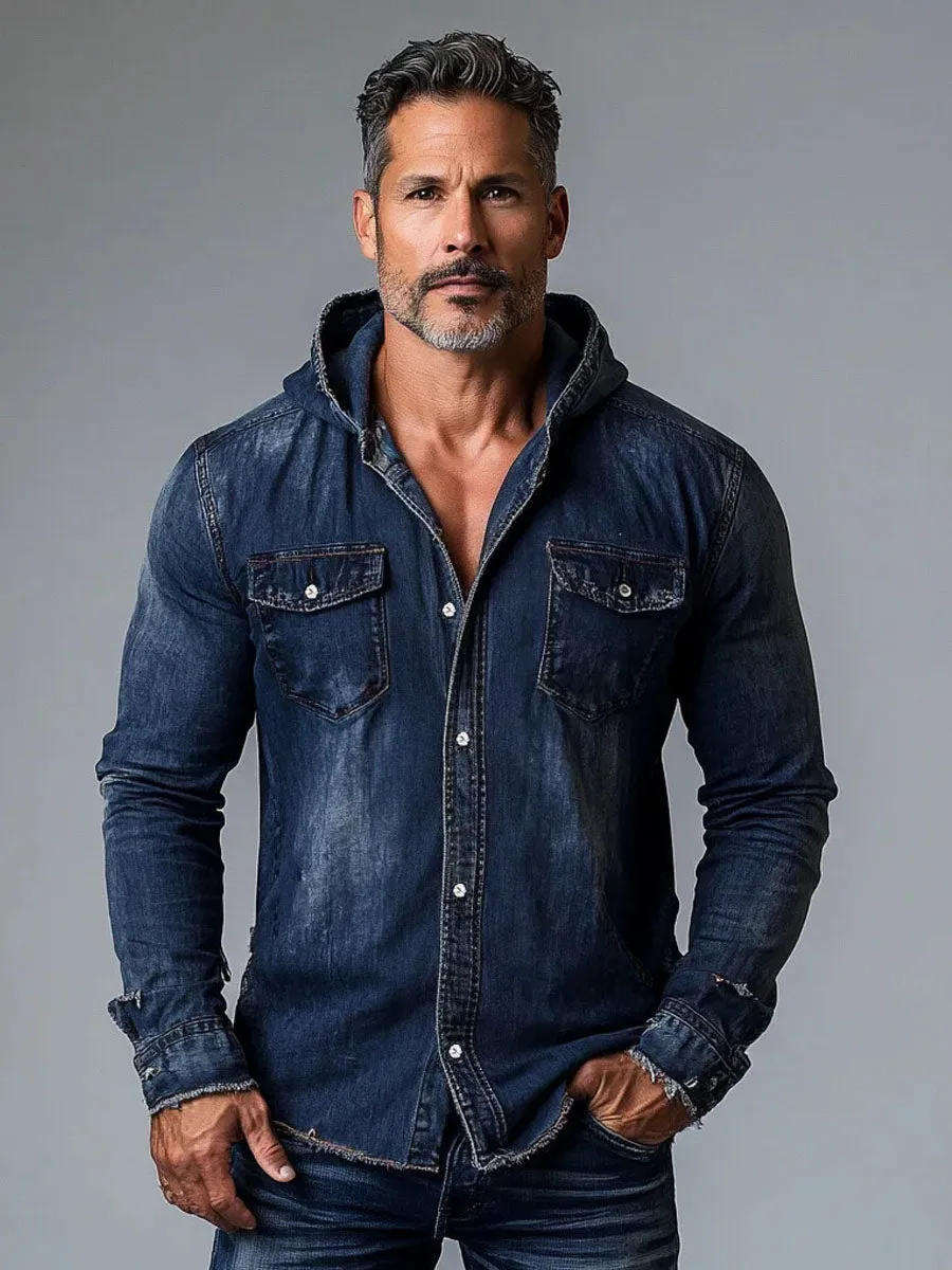 Men's Double Pocket Vintage Hooded Denim Long Sleeve Shirt