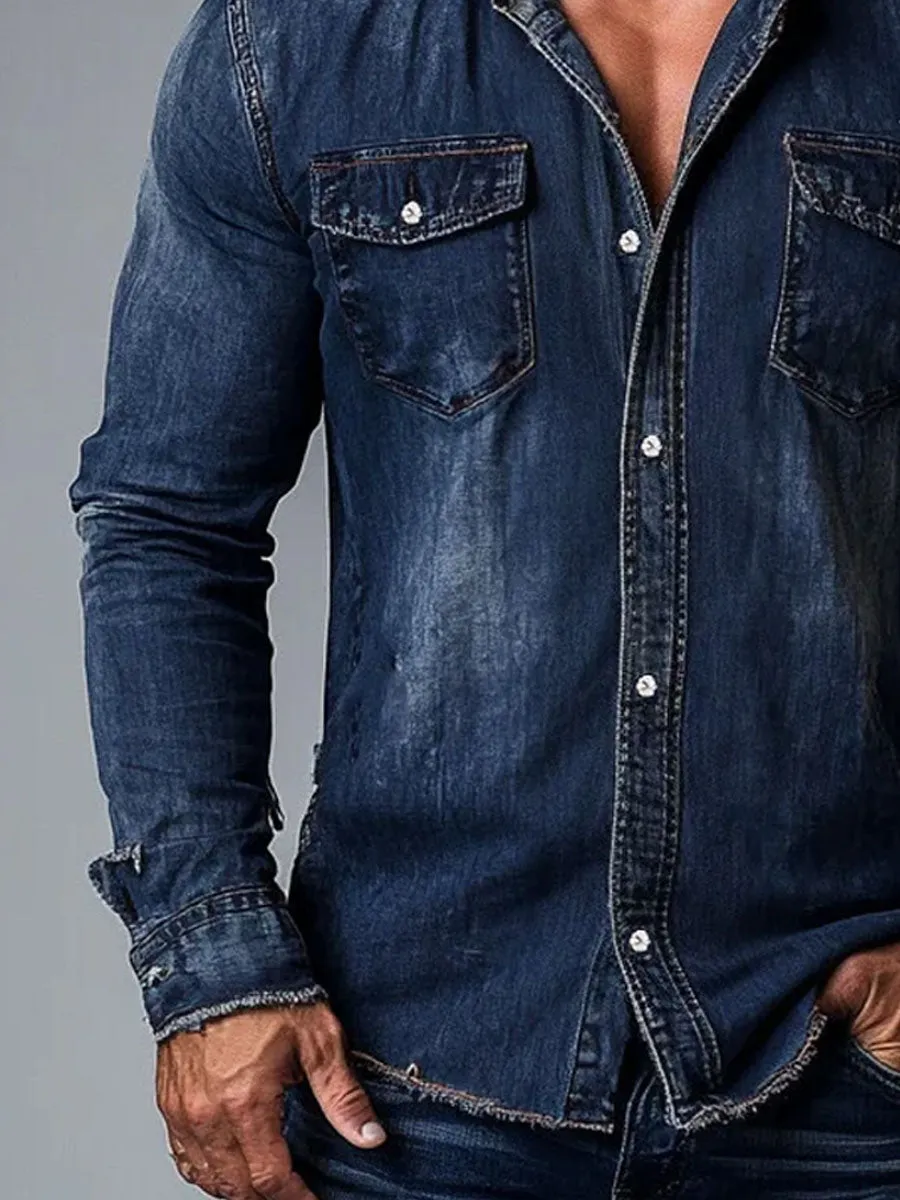 Men's Double Pocket Vintage Hooded Denim Long Sleeve Shirt